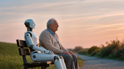 Elderly man sitting next to a robot on the bench
