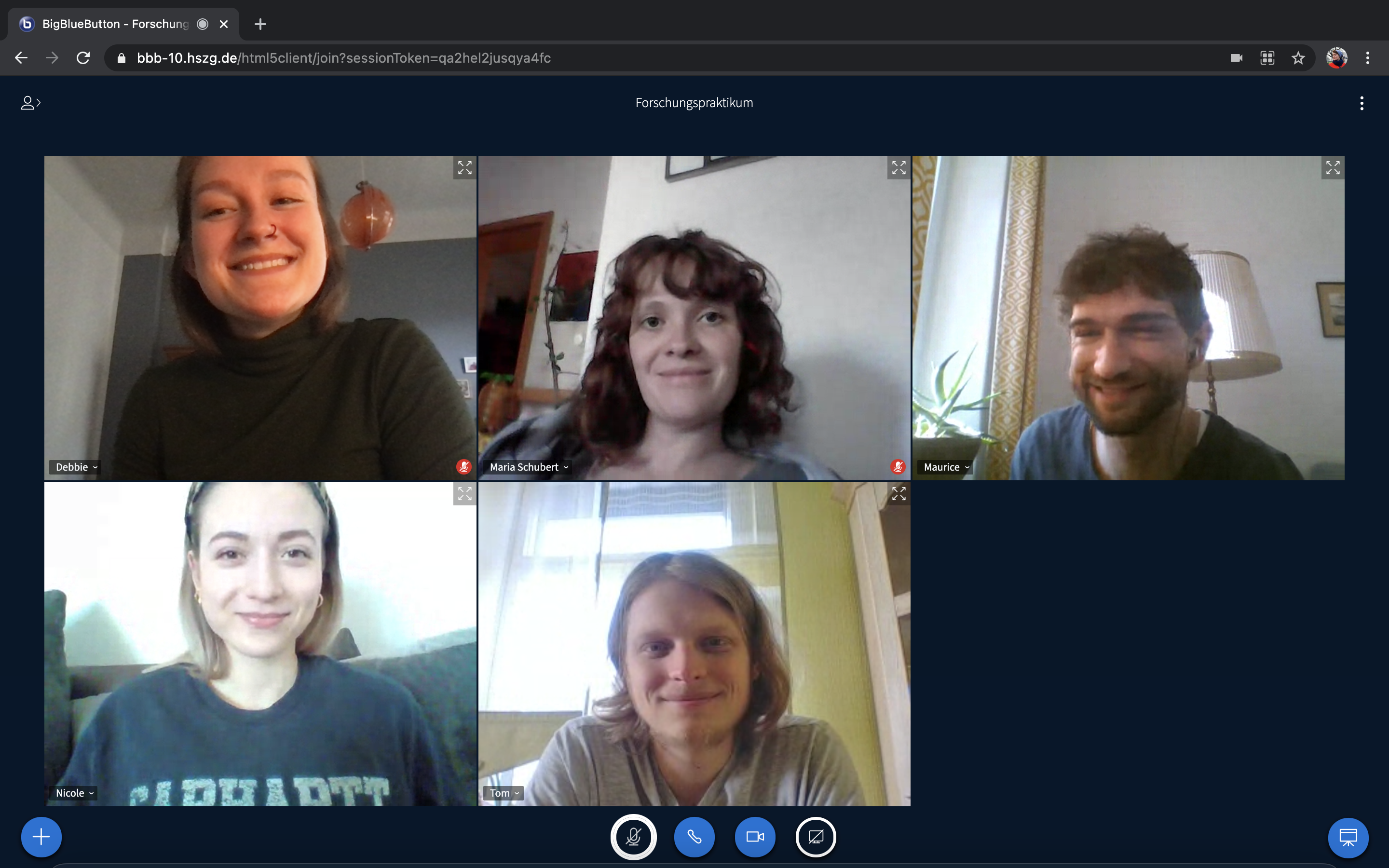 Five Master's students from the Communication Processes in Times of Pandemic research group smile into the camera during an online conference.
