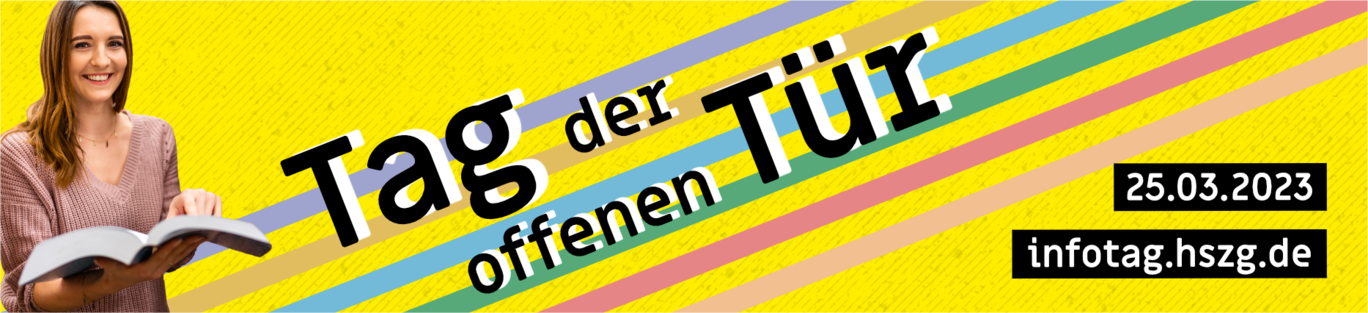 Infografik mit junger Frau die ein Buch hält. In Schrift: Tag der offenen Tür am 25.03.2023 und die URL infotag.hszg.de