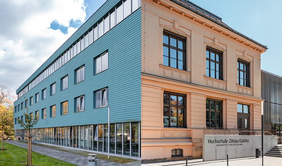 Two university buildings are combined in a photomontage.