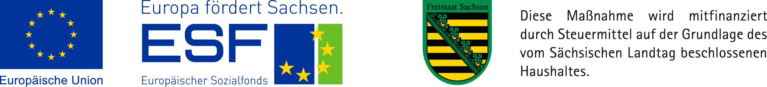 Fördermittelgeber EU, ESF und SAB Logokombination EU, ESF, SAB