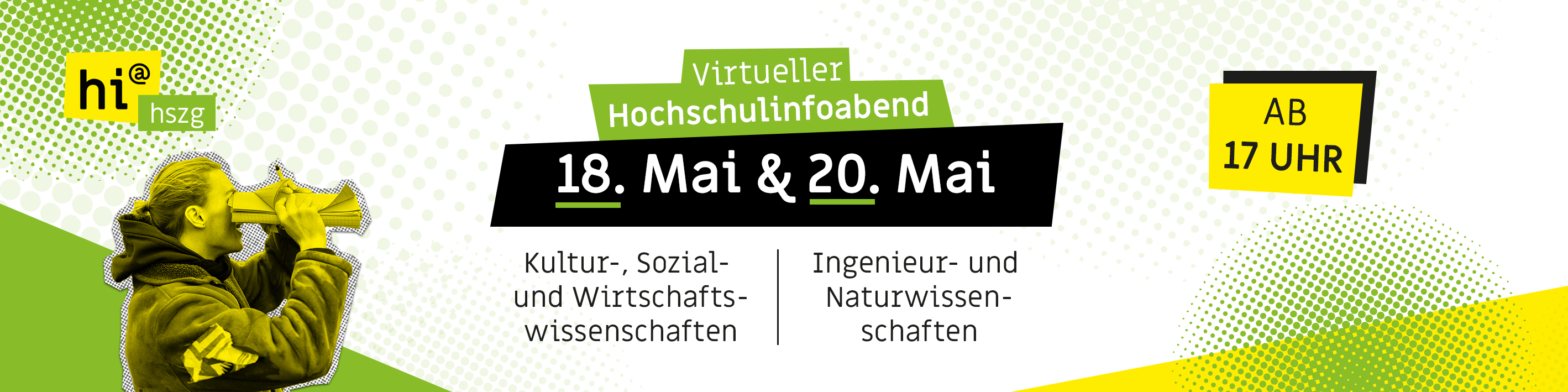 Titelbild für Hochschuloinforabend mit jungem Studenten der durch ein gerolltes Magzin in die Ferne blickt. Es stehen ebenfalls Informationen zum Inhalt, Tagen und der Uhrzeit drauf.
