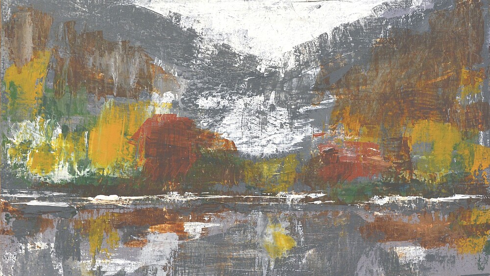 A painting showing autumn by the lake by Peter Schiffner, in shades of gray, white, red, yellow and green.