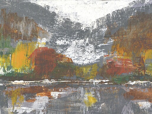 A painting showing autumn by the lake by Peter Schiffner, in shades of gray, white, red, yellow and green.