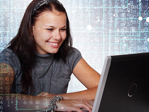 A smiling student sits in front of a laptop surrounded by graphic image elements that symbolize digital teaching.