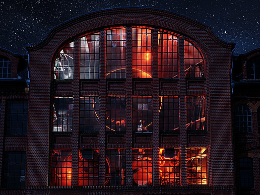 Entrance to the Mandauhöfe courtyard with an animation running in the window