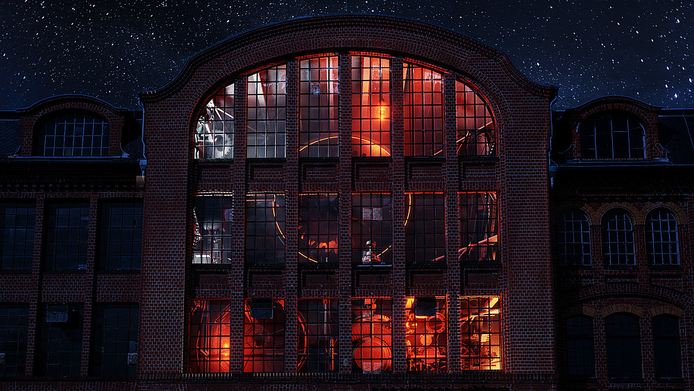 Entrance to the Mandauhöfe courtyard with an animation running in the window