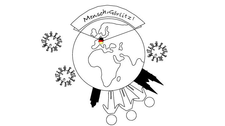 A graphic of planet Earth in which Germany is marked and viruses are located outside.