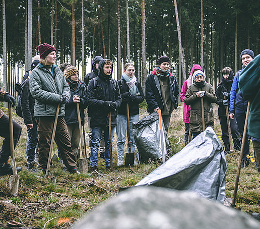 Student group in the forest