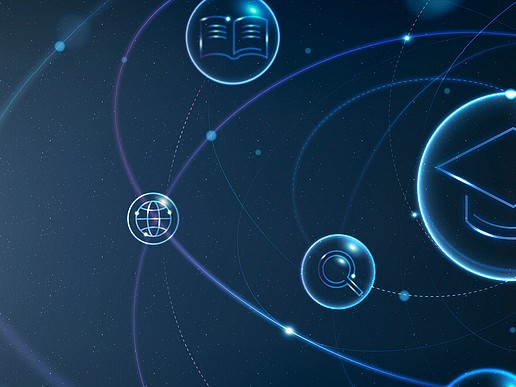 Graphic as a solar system with a graduate's hat in the center, surrounded by pictograms relevant to learning.