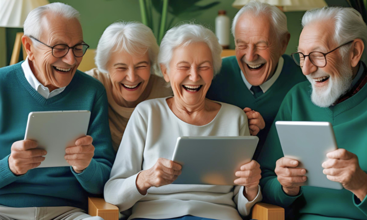 5 Senioren mit jeweils einem Tablet in der Hand 
