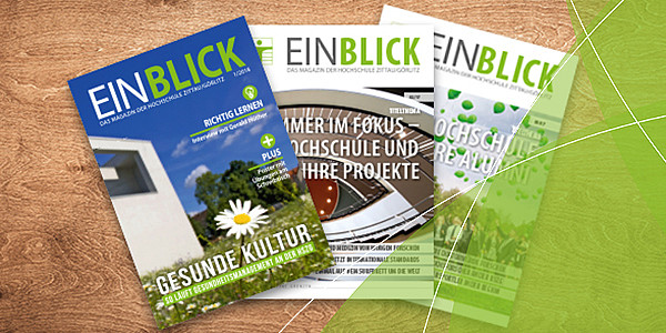 Exemplare des Hochschulmagazin Einblick mit grünen Overlay 