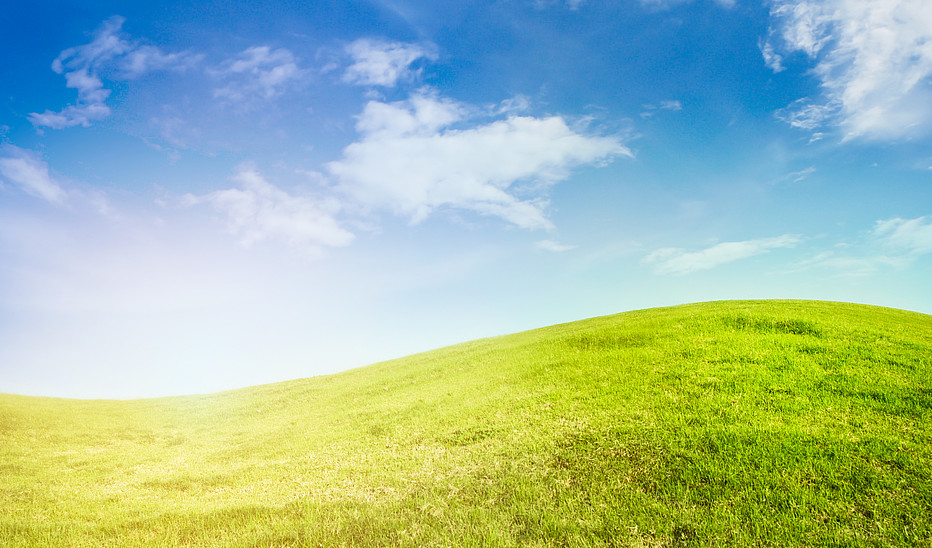 eine grüne Wiese geht in einen begünten Hügel über, darüber ein blauer Himmel mit vereinzelten Wolken