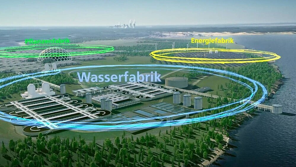 Eine Grafik über die Zukunftsfabrik Lausitz von einer Industrielandschaft in der die Areale Pflanzenfabrik, Energiefabrik und Wasserfabrik gekennzeichnet sind.