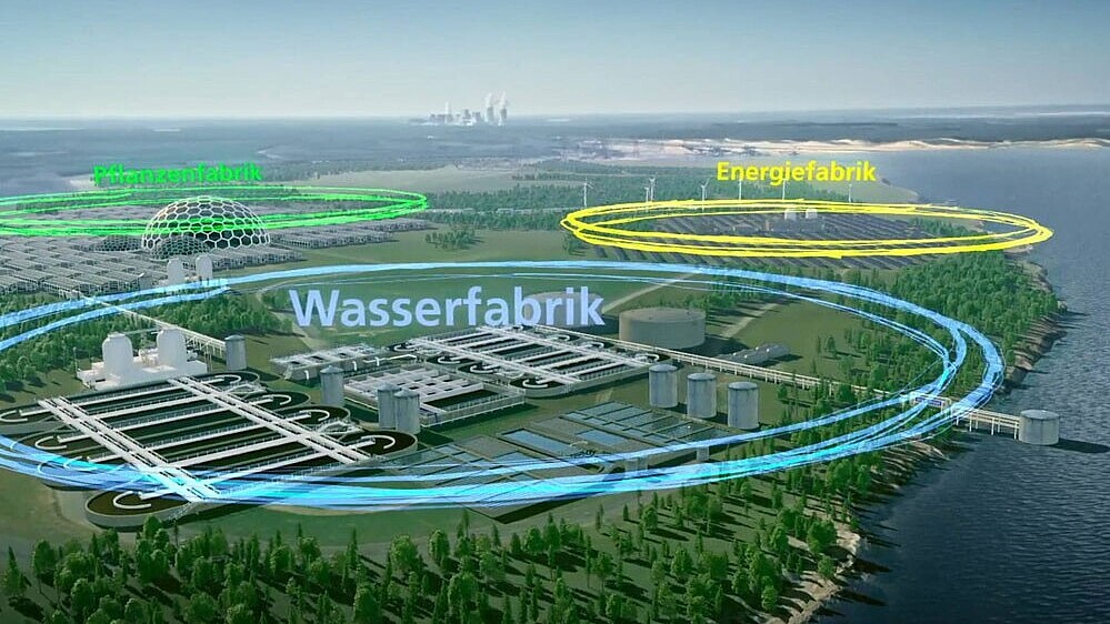 A graphic of the Zukunftsfabrik Lausitz of an industrial landscape in which the plant factory, energy factory and water factory areas are marked.