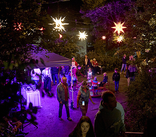 Glowing Herrnhut stars hang in trees in a park on the Zittau ring road.