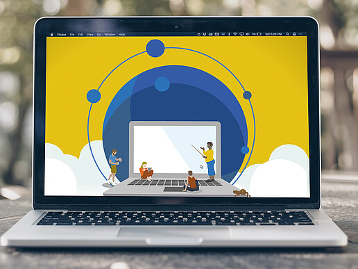Laptop on which a graphic (laptop, people, clouds) is displayed.