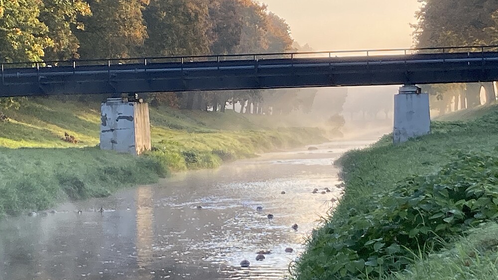 Die fließende Mandau mit Flussufer und Brücke im Hintergrund.