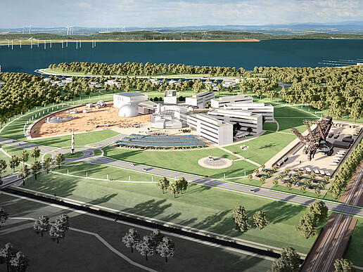 Graphic of an aerial view of a research center for space technology research