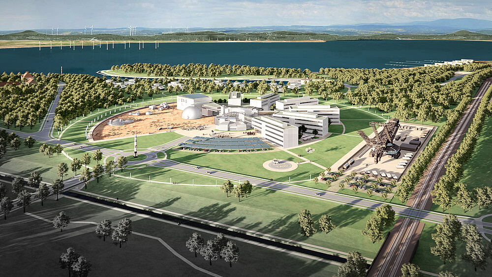 Graphic of an aerial view of a research center for space technology research