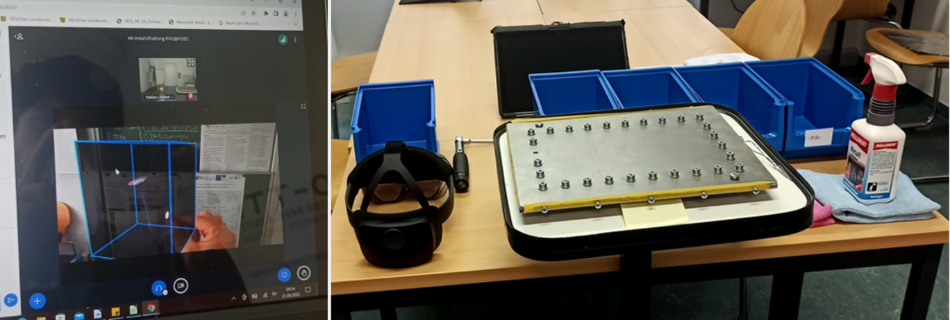 Left: Live stream of the AR glasses user's perspective for colleagues connected online. Right: Replica of a tool part for maintenance and means for carrying out the experiments