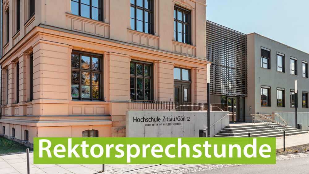 Hochschulgebäude mit Schriftzug Rektorsprechstunde