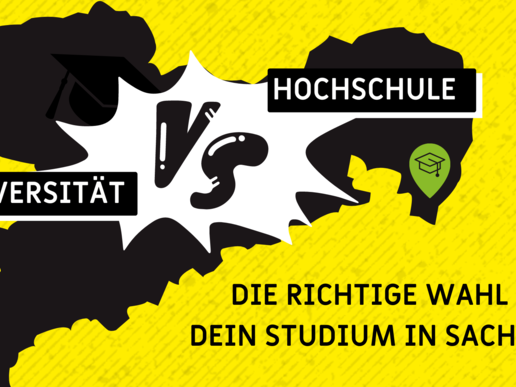 Eine Grafik mit dem Titel 'Hochschule vs. Universität - Die richtige Wahl für dein Studium?' zeigt eine Übersicht über die Unterschiede zwischen Hochschulen und Universitäten. Im Hintergrund ist das Bundesland Sachsen als Symbol abgebildet.