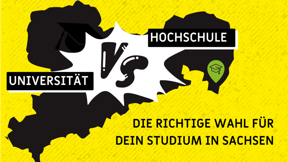 A graphic entitled 'College vs. university - the right choice for your studies?' shows an overview of the differences between colleges and universities. The federal state of Saxony is shown as a symbol in the background.