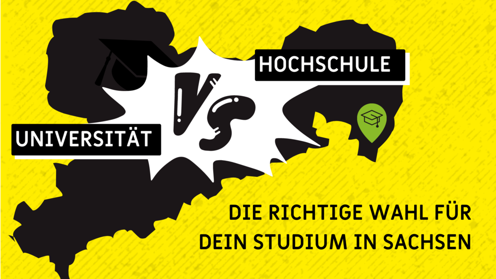 Eine Grafik mit dem Titel 'Hochschule vs. Universität - Die richtige Wahl für dein Studium?' zeigt eine Übersicht über die Unterschiede zwischen Hochschulen und Universitäten. Im Hintergrund ist das Bundesland Sachsen als Symbol abgebildet.