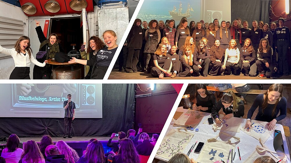 Collage aus vier Fotos von einer Jugendveranstaltung in einem Kultur- oder Klubraum: Oben links stehen drei Jugendliche lachend vor einem industriell wirkenden Eingang mit Metalltür und roten Lüftungsrohren und posieren mit ausgebreiteten Armen an einem hohen Stehtisch. Oben rechts ist eine große Gruppe von Jugendlichen und einigen Erwachsenen zu sehen, die dicht beieinander auf einer Bühne stehen oder sitzen, im Hintergrund eine Leinwand mit dem Bild eines alten Segelschiffs. Unten links steht ein junger Mann allein auf einer Bühne vor einer großen Leinwand mit bunter Grafik und hält ein Mikrofon, während im Vordergrund viele Jugendliche im Publikum sitzen und zuschauen. Unten rechts sitzen mehrere Jugendliche an einem Tisch und gestalten helle Stoffbeutel mit Stiften und Farben, auf den Taschen sind bereits bunte Blätter- und Schmetterlingsmotive zu erkennen.