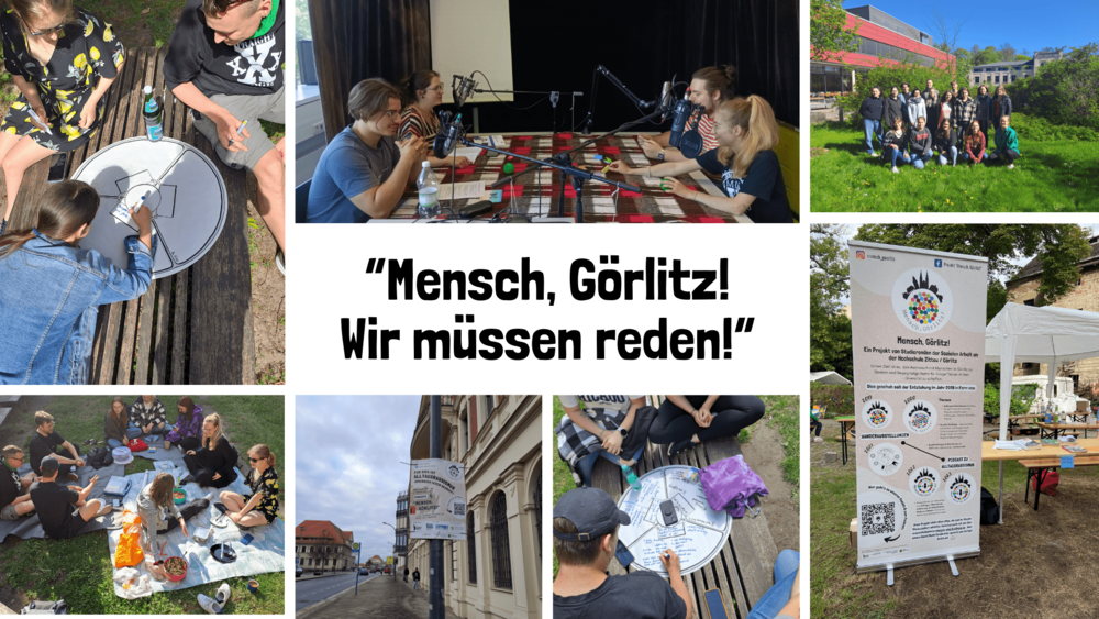 A collage of pictures of the student group, such as a group picture in front of the canteen in Görlitz and a roll-up on a meadow.
