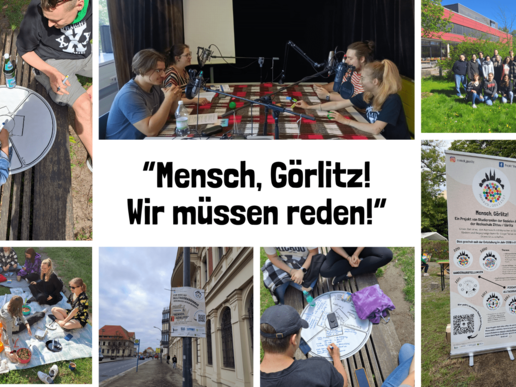 Eine Kollage aus Bildern der studentischen Gruppe wie Gruppenbild vor der Mensa in Görlitz und ein Roll-up auf einer Wiese.