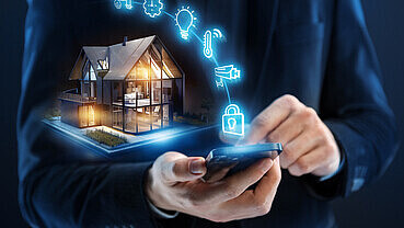 AI image: Hands holding a house over which symbols float