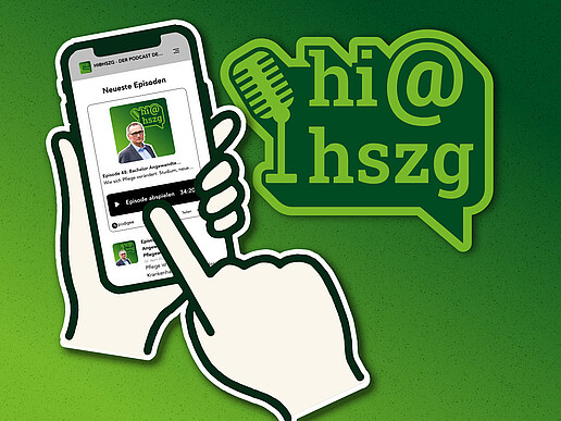 A green graphic showing one hand holding a smartphone and another hand tapping on it in comic style. Next to it is the lettering "hi@hszg".