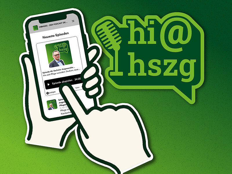 A green graphic showing one hand holding a smartphone and another hand tapping on it in comic style. Next to it is the lettering "hi@hszg".