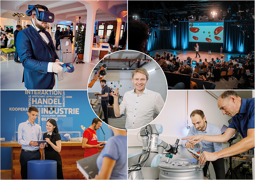 A collage of images with different perspectives on Saxony5 activities: Employees in the lab, a panel discussion, a test stand with VR goggles, man holding a model that resembles the Saxony5 logo.