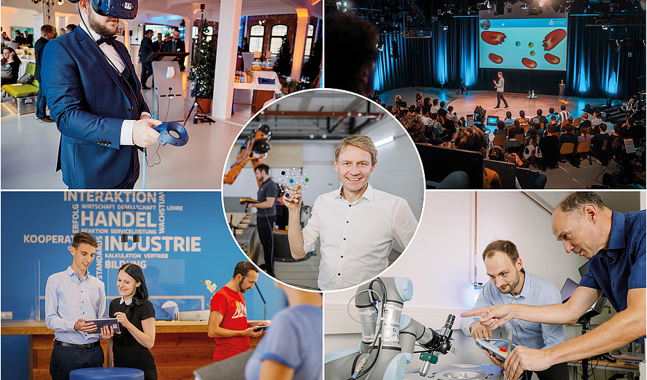 Foto: Saxony5 Eine Bildcollage mit unterschiedlichen Perspektiven auf Saxony5-Aktivitäten: Mitarbeiter im Labor, eine Podiumsdiskussion, ein Versuchsstand mit VR-Brille, Mann, der ein Modell in der Hand hält, das dem Saxony5-Logo ähnelt.
