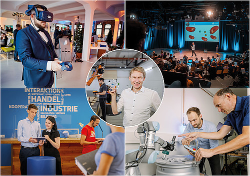 Eine Bildcollage mit unterschiedlichen Perspektiven auf Saxony5-Aktivitäten: Mitarbeiter im Labor, eine Podiumsdiskussion, ein Versuchsstand mit VR-Brille, Mann, der ein Modell in der Hand hält, das dem Saxony5-Logo ähnelt.