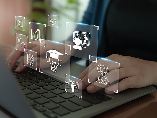 An edited image: two hands on the laptop keyboard, above them graphics like a light bulb with a graduate's hat, representing artificial intelligence.