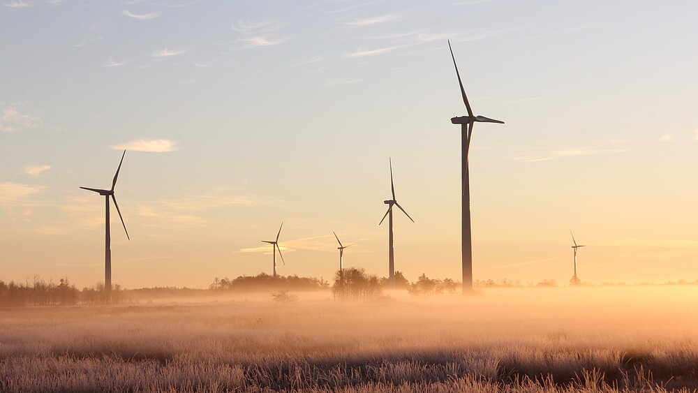 A wind turbine park in the fog.