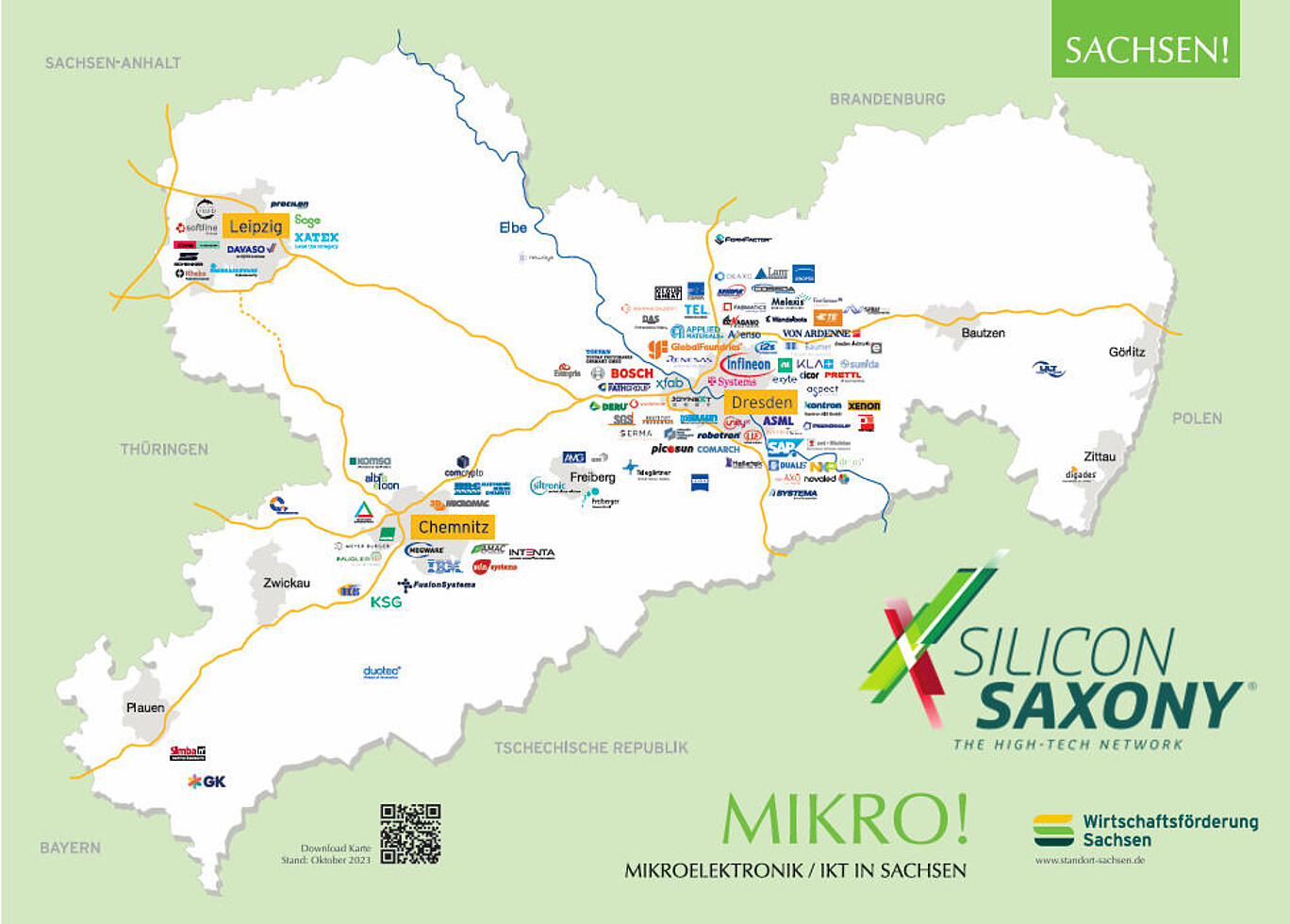 Silicon Saxony Karte mit allen Standorten von Unternehmen der Halbleitertechnik