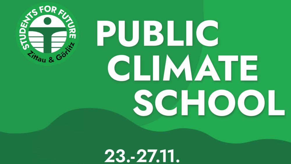 White lettering Public Climate School on a green background
