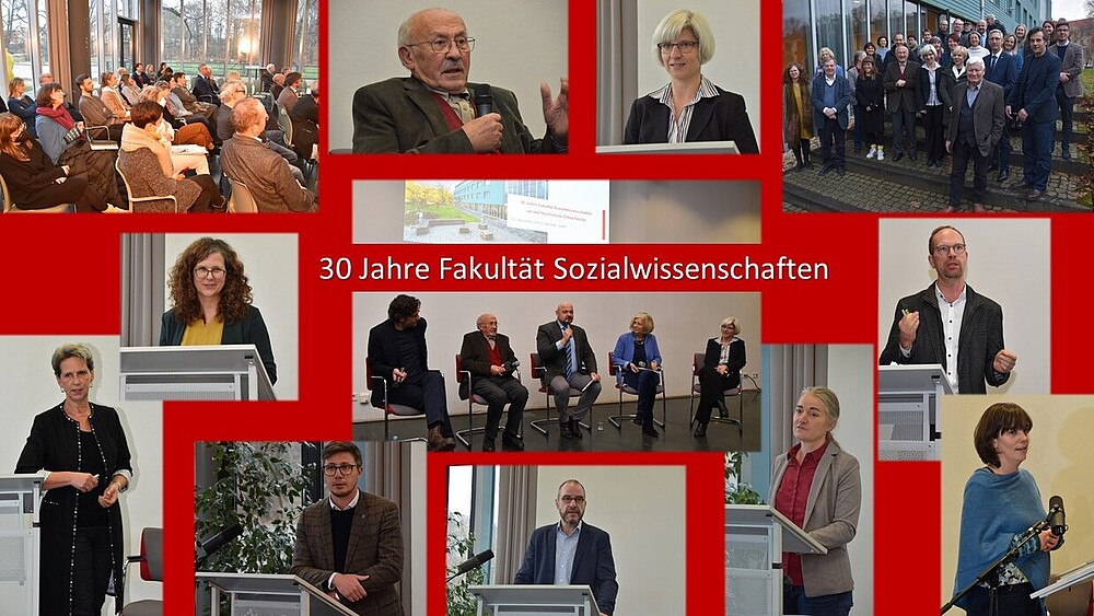 a collage consisting of pictures with employees of the Faculty of Social Sciences