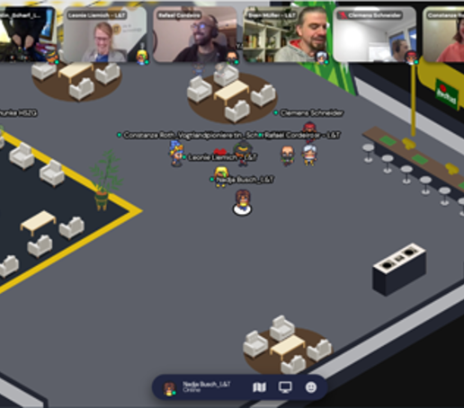 A virtual exchange at a workshop. Participants are connected via their video camera, avatars interact on the screen.