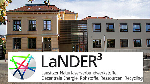 Lander3 project logo and HSZG administration building