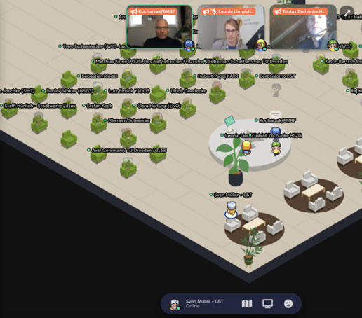 A view on the digital platform gather.town. A list of participants and video feeds are visible. Avatars move around in the virtual space.