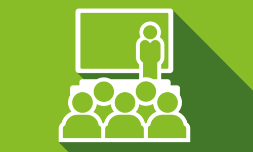 Icon mit mehreren Personen vor einer Leinwand (Lehrveransatltungsabbildung) auf grünem Hintergrund.