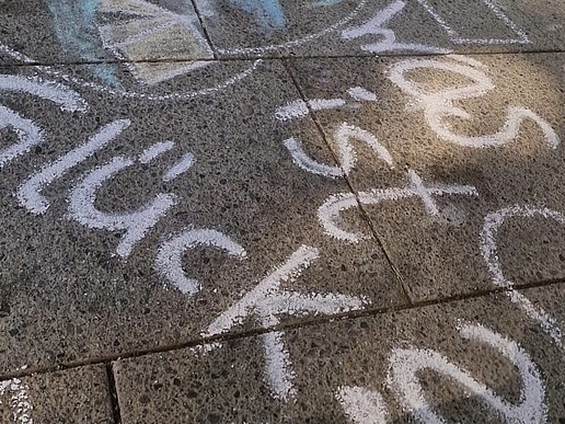 Chalk drawings on the asphalt with the words "What is happiness?".