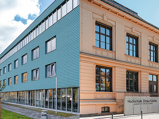 Two university buildings are combined in a photomontage.