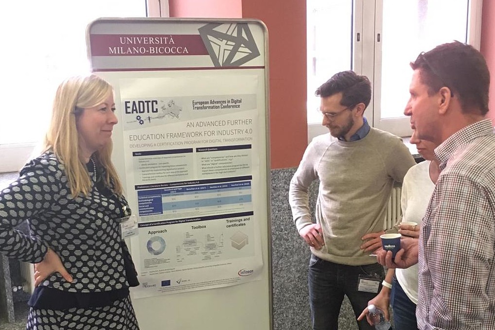 Sophia Keil and Fabian Lindner (2nd from left) talking in front of their poster at the 2nd EADTC in Milan.